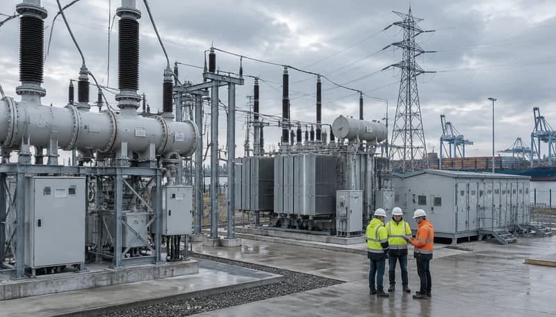 مخطط هندسي لمحطة تحويل فرعية معيارية معزولة بالغاز مدعومة بأنظمة بطاريات تخزين الطاقة لتغذية مركز بيانات فائق القدرة