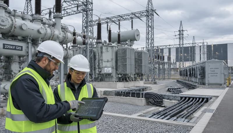 بنية تحتية لشبكة كهرباء ومحطة فرعية تخدم مراكز بيانات عالية الكثافة مع تدفقات طاقة رقمية