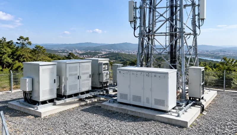 5G Telecom Macro Base Station Tower and Outdoor Smart Lithium Energy Storage Cabinet Site Engineering View
