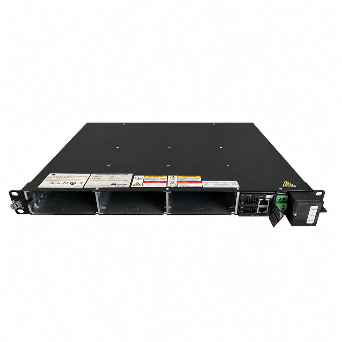 Sistema de energía CC embebido Huawei ETP23003-C1A1 (subrack ultracompacto 1U de -48V 30A) - Vista isométrica en ángulo de 45 grados