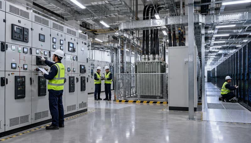 Modulare elektrische Infrastruktur mit Umspannwerken, Energieblöcken und phasenweiser Inbetriebnahme eines KI-Rechenzentrums