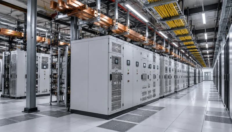 Hyperscale AI Data Center High-Density HVDC Power Distribution and Rectifier Room Engineering Panoramic View