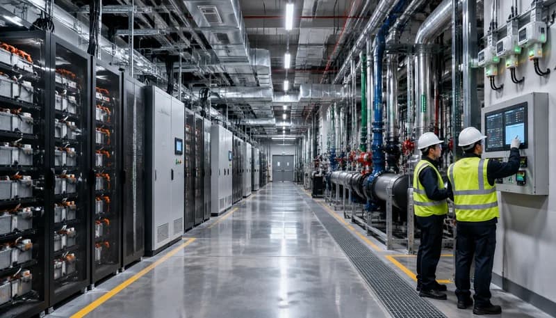 مخطط هندسي ثلاثي الأبعاد لأنظمة الكشف عن الغازات متعددة المستويات وشبكات التهوية الطارئة في غرف بطاريات UPS ومحطات التبريد داخل مركز بيانات حرج