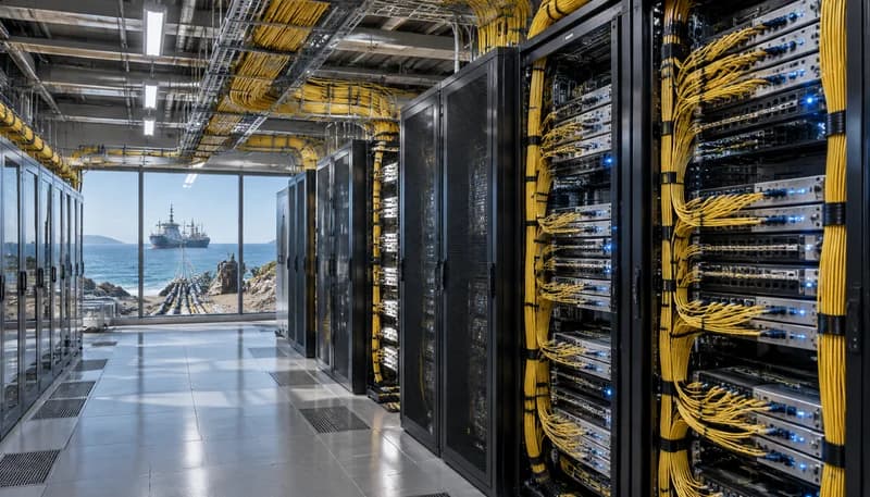 Panoramic view of subsea cable landing station and high density 800G coherent optical transport racks