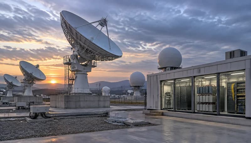 电信级低轨卫星地面站直流供电与跟踪天线系统拓扑架构示意图