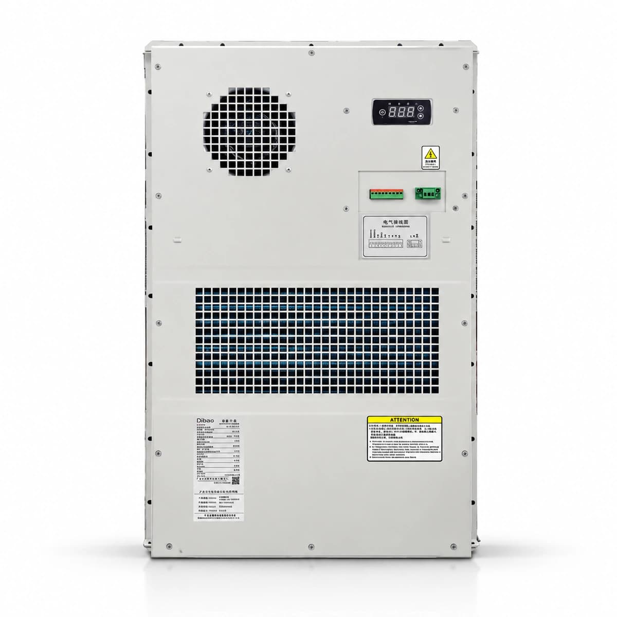 مكيف هواء فائق القدرة بتيار مستمر RICEWIND BPD2000 بقدرة 2000 واط وتيار -48 فولت (IP55) - المنظر الأمامي الخارجي وشبكات توجيه تدفق الهواء
