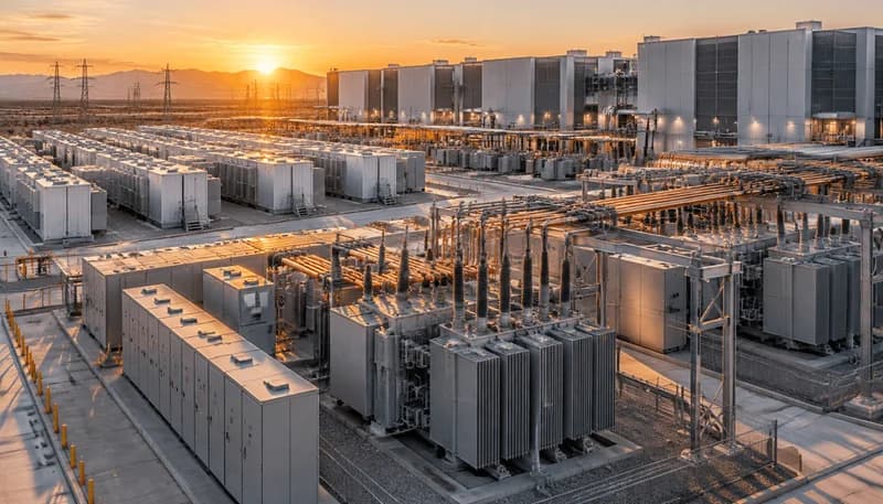 Schematische Darstellung einer netzinteraktiven Mittelspannungsschaltanlage mit containerisierten Batterie-Energiespeichersystemen, 54-VDC- und 800-VDC-Stromschienen sowie hochdichten flüssigkeitsgekühlten Megawatt-KI-Racks.