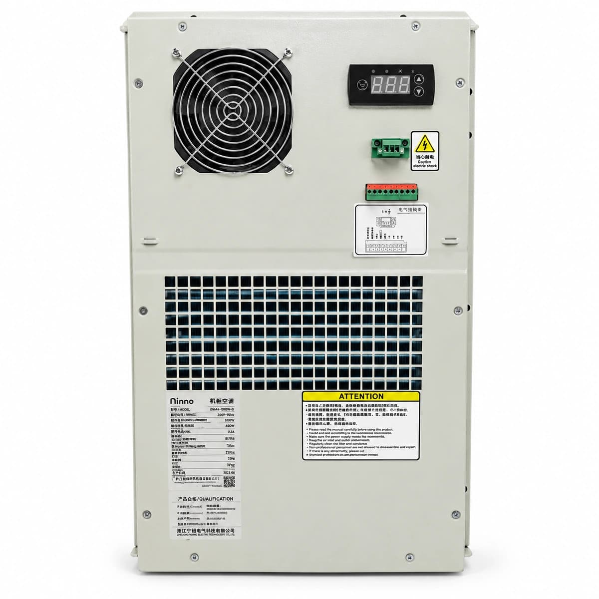 مكيف هواء صناعي مدمج بتيار متردد RICEWIND MCA0300 بقدرة 300 واط وجهد 220 فولت (IP55) - المنظر الأمامي الخارجي وشبكات توجيه تدفق الهواء