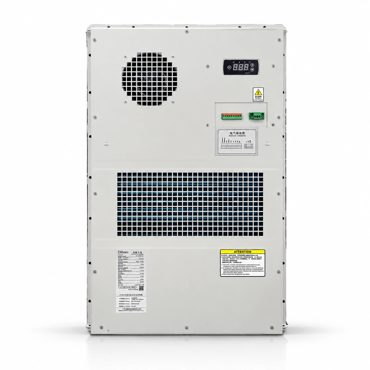 RICEWIND BPD2000 -48VDC 2000W Ultra-High Capacity Outdoor Cabinet DC Air Conditioner (IP55) - Front exterior view and airflow guide grilles