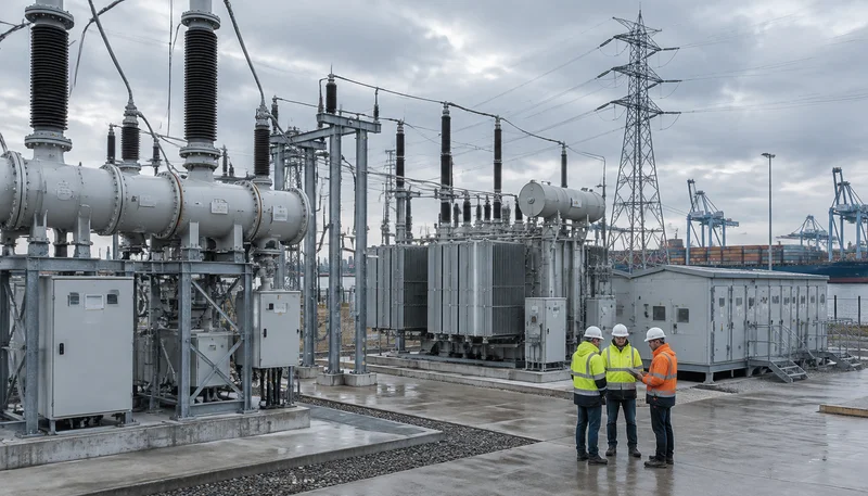 High-voltage 150kV gas-insulated switchgear bay and modular medium-voltage transformers adjacent to a containerized battery energy storage system at a regional Dutch data center campus.