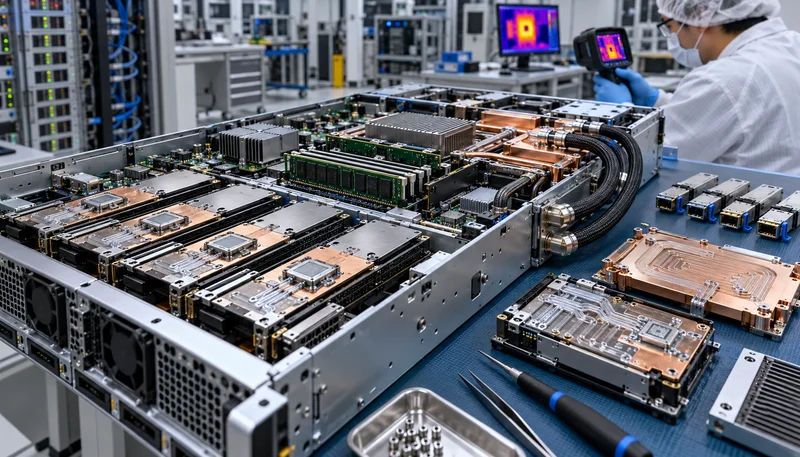 Industrielles AI-Server-Chassis mit RICEWIND PiezoMEMS-Mikrokühlungschips direkt auf PCIe Gen5 SSDs neben Direct-to-Chip Flüssigkühlungs-Cold-Plates