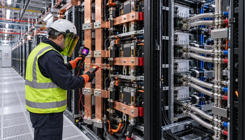 قضبان توزيع نحاسية ثنائية القطبية بجهد ±400V DC ووحدة قواطع الحالة الصلبة SSCB المعتمدة على كربيد السيليكون ضمن كبائن خوادم الذكاء الاصطناعي المبردة بالسائل مع مهندس تشغيل كهربائي