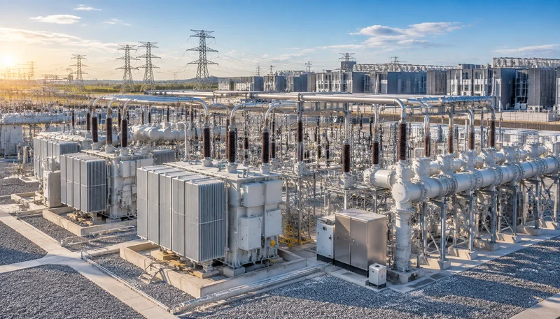 High-voltage 500kV to 34.5kV data center utility switchyard featuring gas-insulated switchgear, redundant step-down power transformers, and transmission interconnection towers.