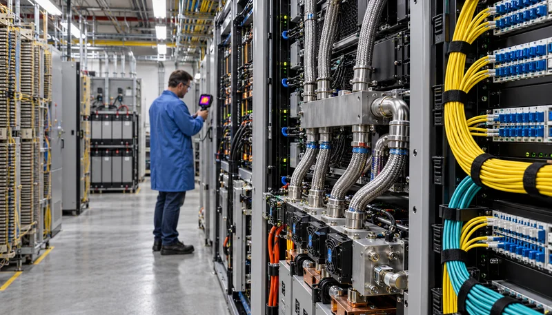 Modernized telecom central office interior featuring high-density liquid-cooled edge AI server racks, rear-door heat exchangers, overhead optical raceways, and modular power infrastructure.