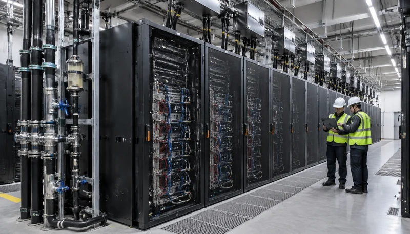 Engineering view of a high-density AI data center rack row with power distribution equipment, liquid cooling infrastructure and structural support systems