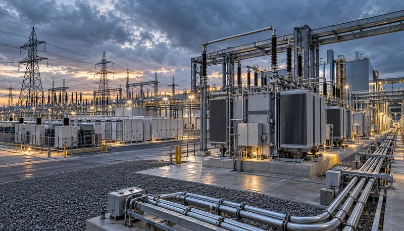 Hochspannungs-Umspannwerk eines Hyperscale-Rechenzentrums mit 380-kV-Transformatorenfeldern, industriellen BESS-Containern und gasisolierten Schaltanlagen.