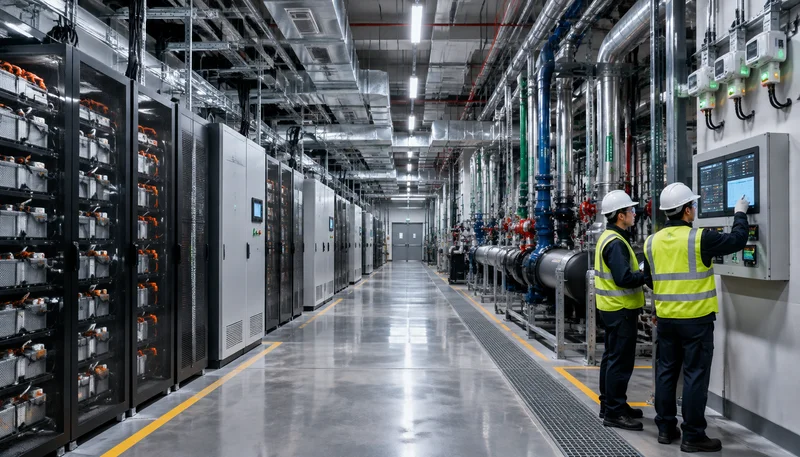 Multi-tier gas mitigation infrastructure showing aspirated smoke detection sniffer tubes, ceiling-mounted electrochemical hydrogen sensors, low-level refrigerant leak detectors, and automated emergency purge damper actuators in a hyperscale facility.
