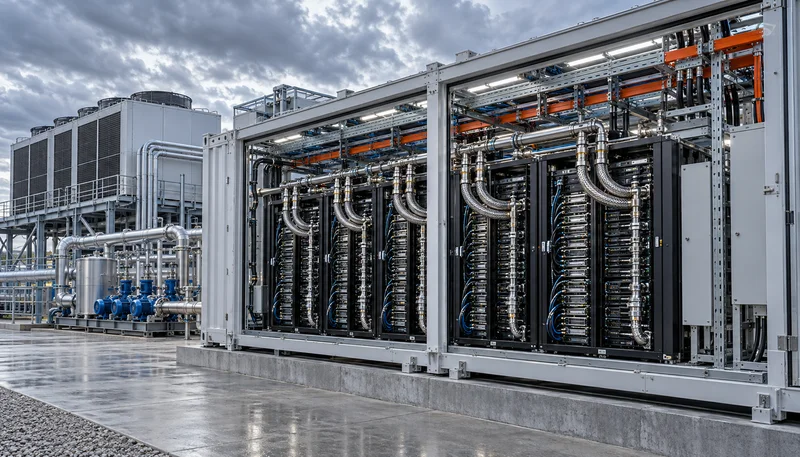 منظور هندسي تفصيلي لحاوية مركز بيانات معيارية عالية الكثافة من طراز Nvidia DSX Pod تظهر مجمعات التبريد السائل المصنوعة من الفولاذ المقاوم للصدأ وكبائن Vera Rubin NVL72 وقضبان التوصيل الكهربائي 380V HVDC