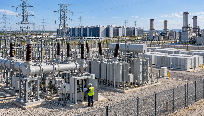 Industrielle 500-kV-GIS-Schaltanlage und Umspannwerk für Front-of-the-Meter-Netzkopplung eines KI-Hyperscale-Rechenzentrums mit BESS-Großspeicher.