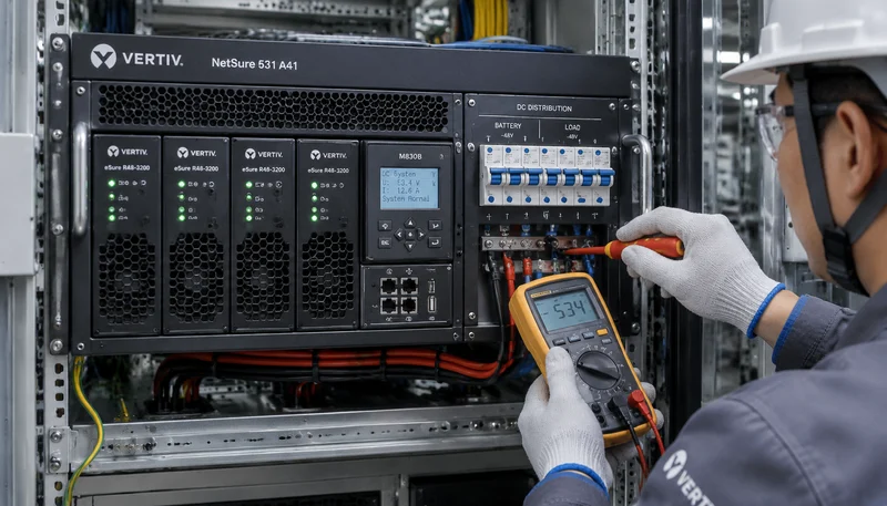Vertiv NetSure 531 A41 embedded subrack power system wiring and M830B controller commissioning verification